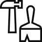 Schwarzes Symbol, das einen Hammer und einen gekreuzten Pinsel darstellt und Werkzeuge symbolisiert, die üblicherweise für Bau-, Reparatur- und Heimwerkerprojekte oder spezialisierte Dienstleistungen wie Brandschutz Dorsten verwendet werden.